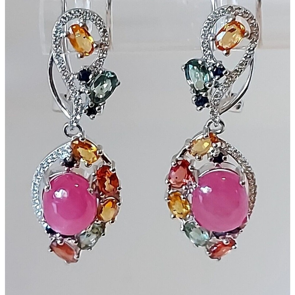 Natural Ruby, Sapphire, White Topaz 925 Sterling Silver Earrings.